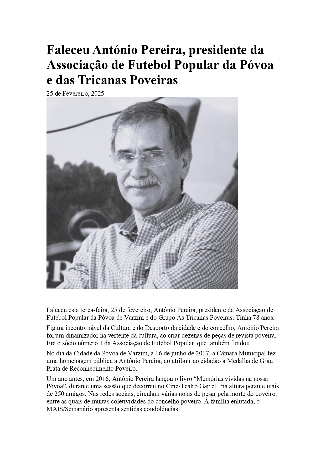 Faleceu António Pereira - Presidente AFPPV
