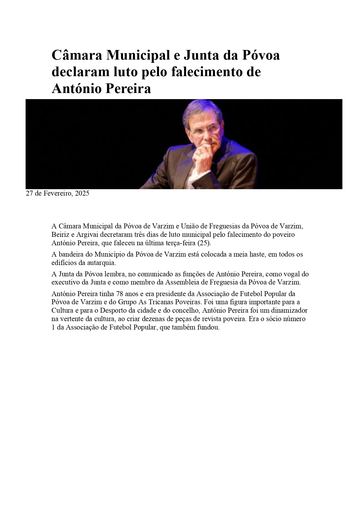 Faleceu António Pereira - Presidente AFPPV