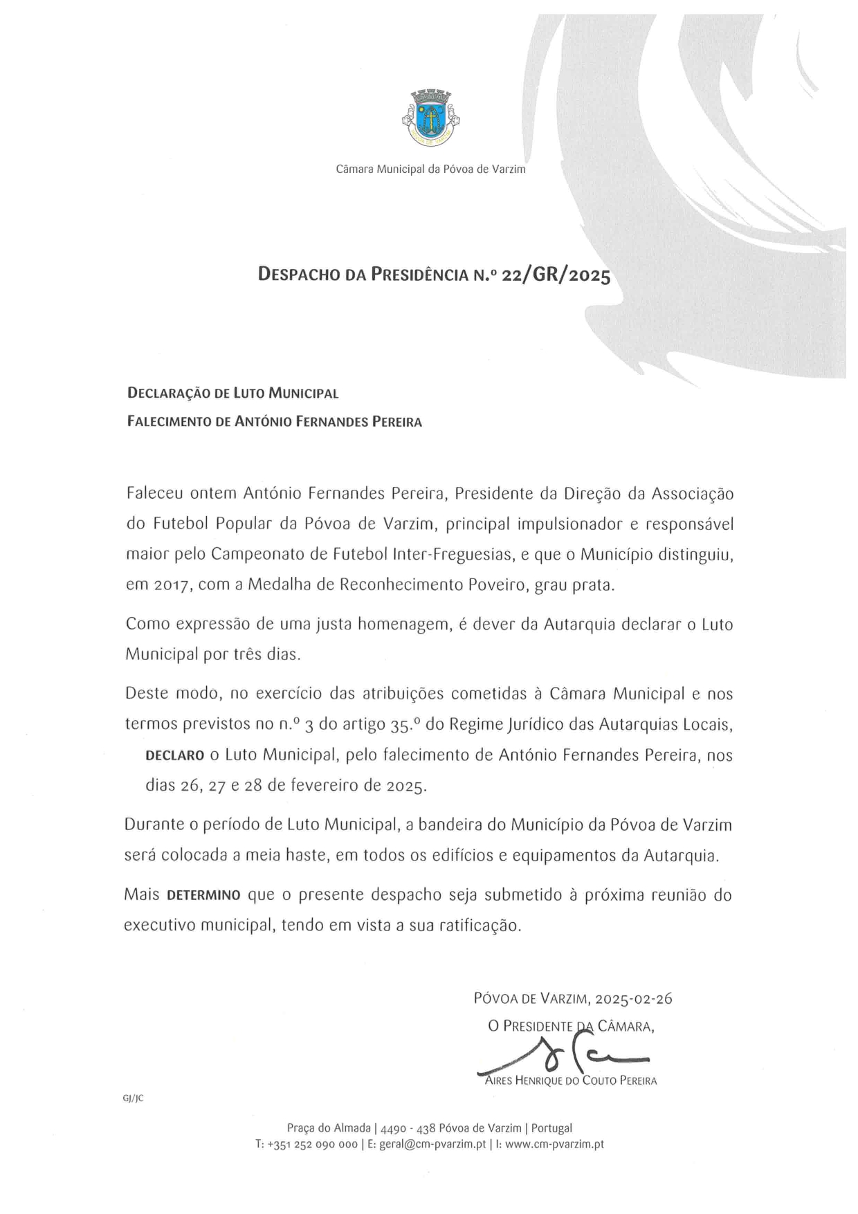 Faleceu António Pereira - Presidente AFPPV